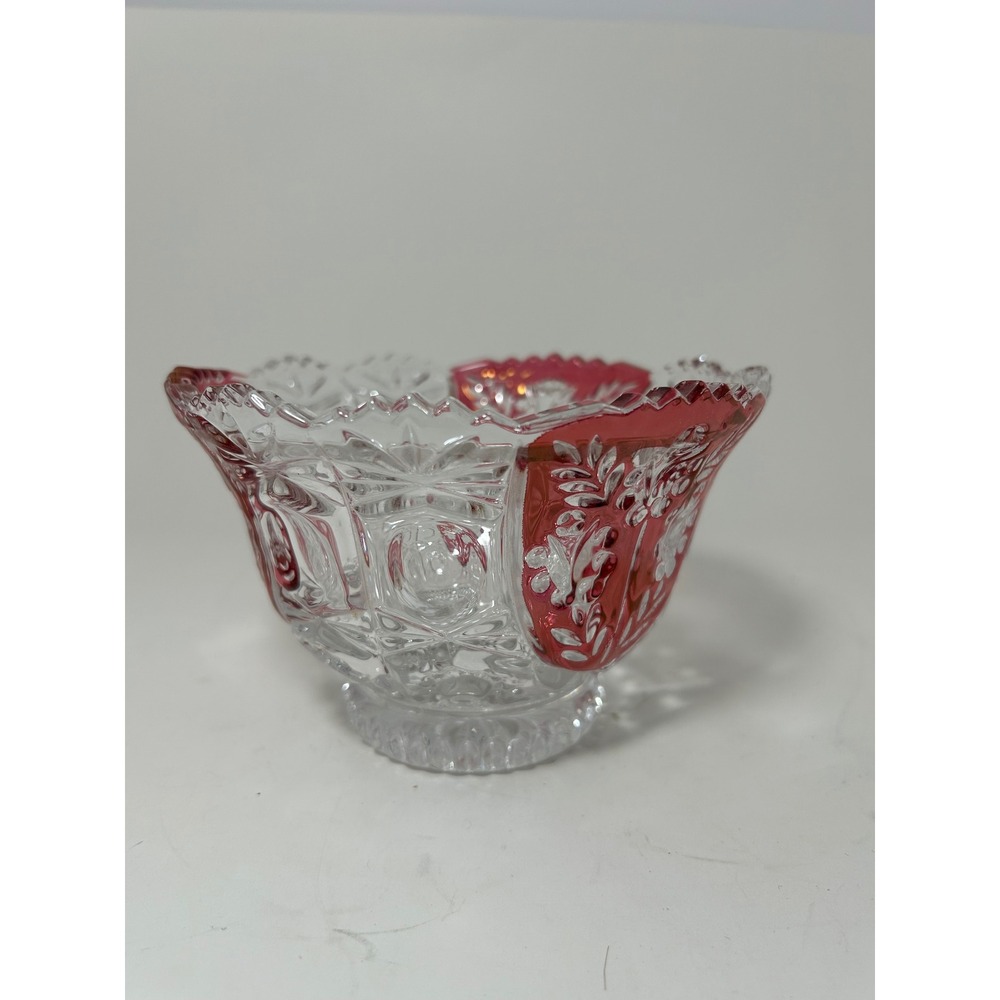 Vintage Ruby Flash Stained EAPG Pressed Glass Bowl Floral Etched Scalloped Edge - Picture 4 of 7